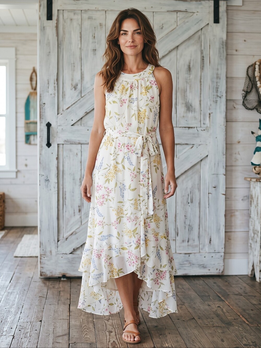 Calvin Klein White Floral Sleeveless Maxi Dress with Pink & Green Accents